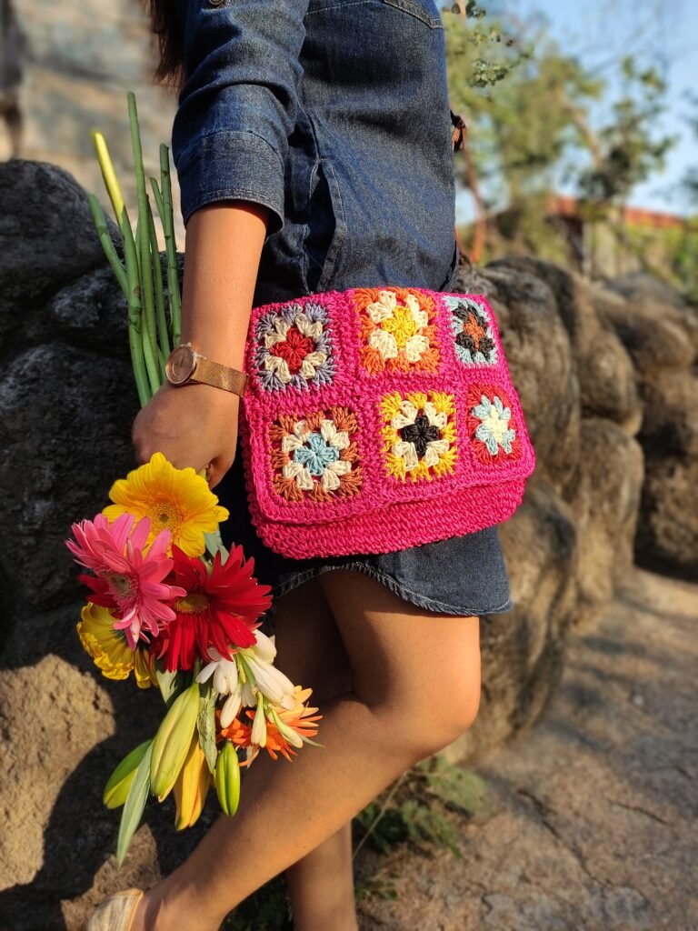 handmade crochet tote bag with sweater outfit