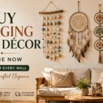 Hanging home decor featuring handcrafted dreamcatchers, wind chimes, and boho wall hangings in a modern living room