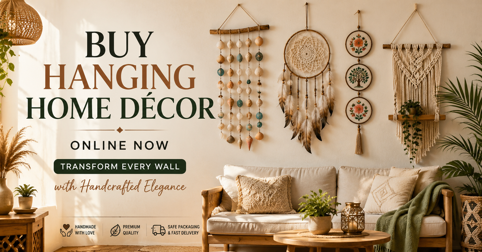 Hanging home decor featuring handcrafted dreamcatchers, wind chimes, and boho wall hangings in a modern living room