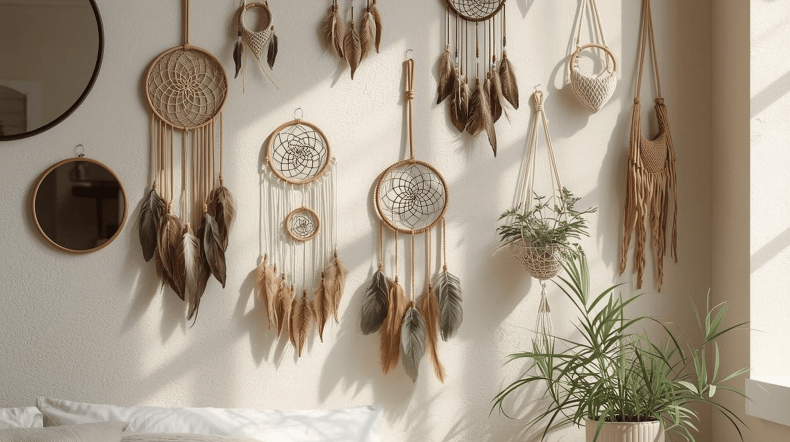 Handcrafted boho dreamcatcher hanging above cozy bedroom bed for serene decor