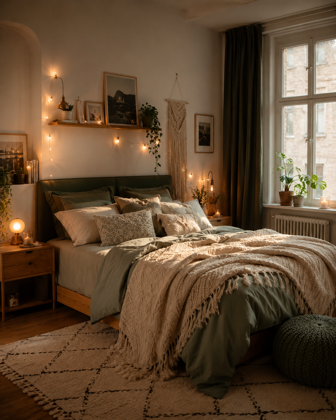 Cozy boho bedroom with warm lighting, dreamcatchers, layered cushions, and earthy decor