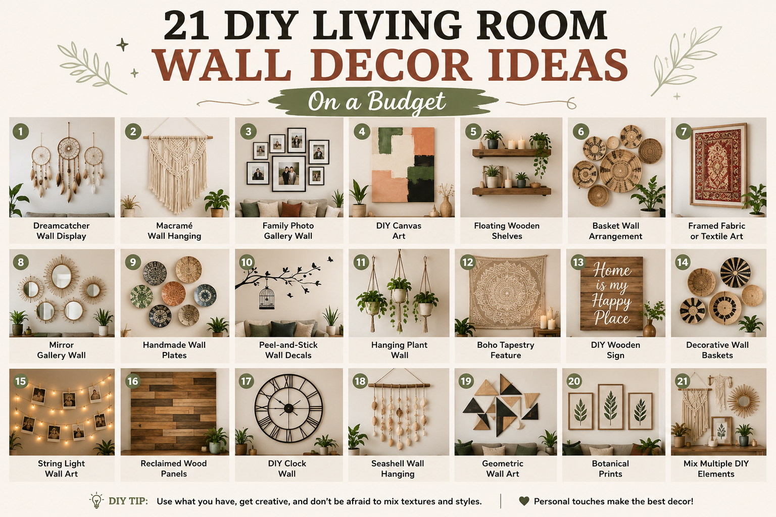 DIY living room wall decor ideas on a budget featuring dreamcatchers, macrame wall hangings, gallery walls, floating shelves, mirrors, plants, and handmade decorations.