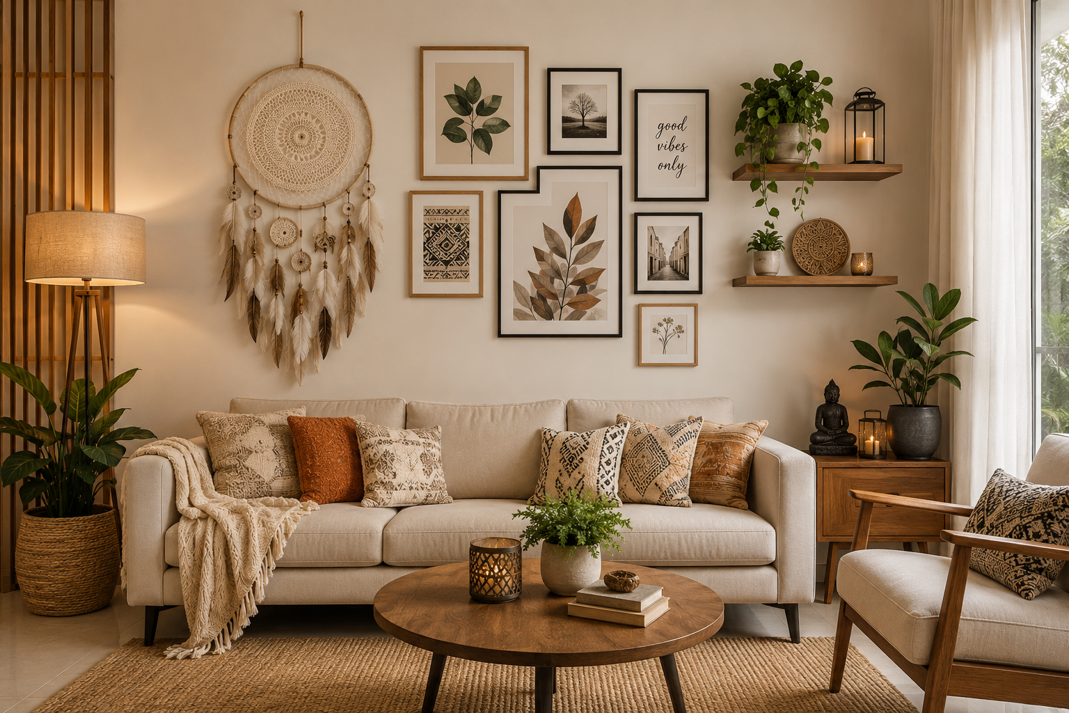 Living room wall decor ideas featuring dreamcatchers, gallery wall styling, handmade decor and natural textures