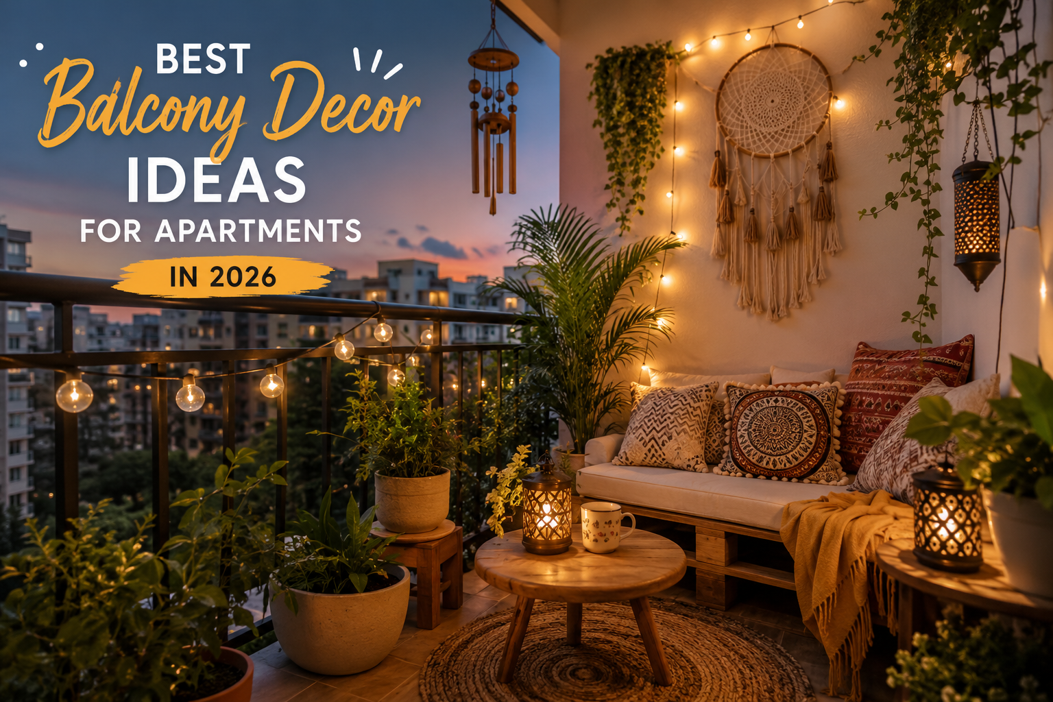 Best balcony decor ideas for apartments with cozy lighting, plants and handmade decor