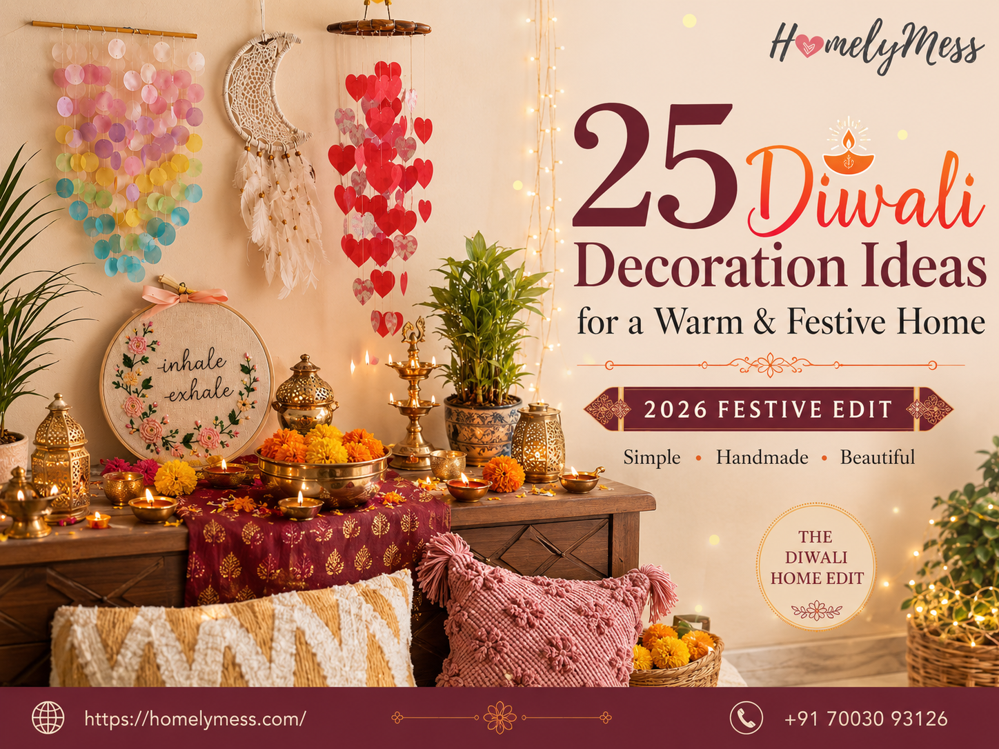 25 Diwali decoration ideas for home featuring handmade HomelyMess decor, wind chimes, dreamcatcher, cushion covers, diyas and festive accents